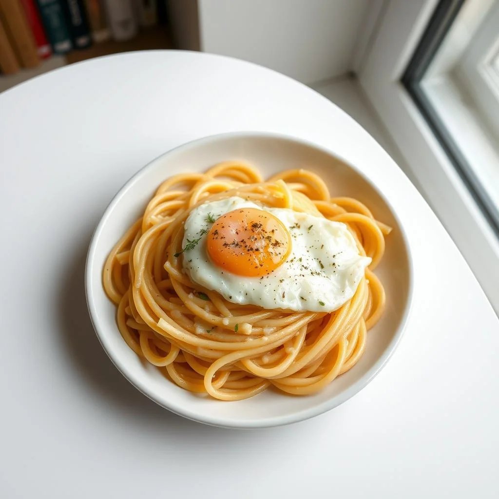 湯気の立つクリーミーな生パスタ料理、チーズと卵黄のとろみ