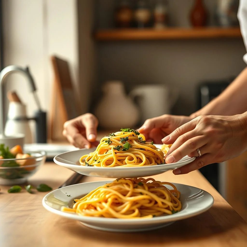 生パスタを白い皿に盛り付ける手元